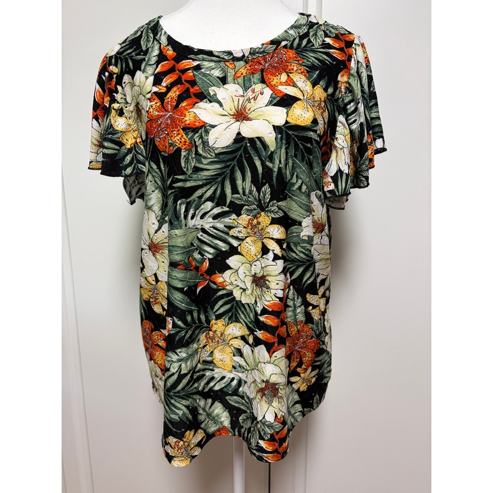 Kim & Cami Tropical Floral Eyelet Flutter Sleeve Top Large Black Orange Lily